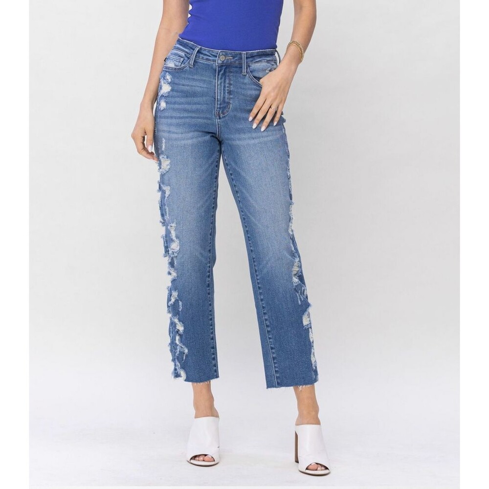 Judy Blue 88601 High Waist Crop Straight Heavy Destroy Size 1